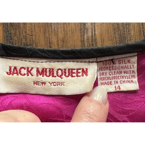 VTG Jack Mulqueen Silk Blouse Peplum Pink Print Black Button Up Womens Size 14 - Picture 10 of 12